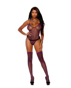 Vertical Striped Crochet Deep V Teddy and Matching Stockings