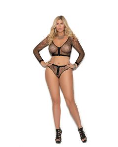 Long Sleeve Fence Net Cami Top with Zip Front and Matching Booty Shorts