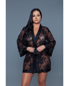 Delia Robe Floral Lace Robe with Satin Trimming