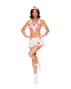 Flirty Nurse - Striped Mesh Cami Top, Mini Skirt and Head Piece