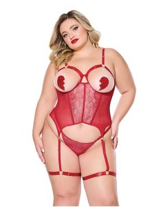 Metallic Stretch Scallop Lace and Mesh Bustier w/Thong - Red