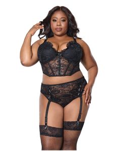 Lace Bustier w/Padded Cups & Gartered Thong Panty 2 pc Set - Black
