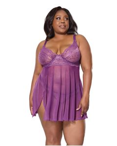 Metallic Stretch Lace & Mesh Babydoll w/Thong - Purple