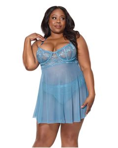 Floral Lace and Mesh Babydoll w/Underwire Cups & High-Waist Thong 2 pc Set - Blue