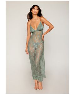 Eyelash Lace & Satin Long Chemise w/G-String - Sage Green XL