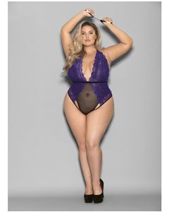 Euphoria Halter Lace & Mesh Teddy w/Wrist Restraints Purple/Black QN