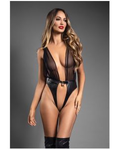 Domina Plunge Front Sheer Mesh & Vegan Leather Teddy w/Lock & Key - Black