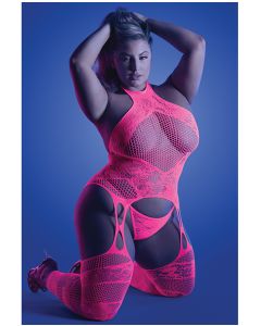 Glow Captivating Halter Bodystocking & G-String Neon Pink QN