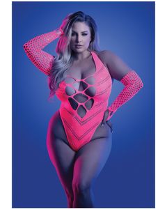 Glow Flashback Black Light Reactive Rhinestone Teddy w/Gloves (or Leg Warmers) - Neon Pink QN