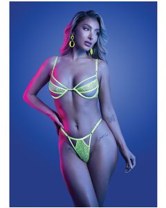 Mind Control UV Reactive Lace and Mesh Underwire Bra & Thong - Neon Green