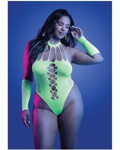 Pressure Point UV Reactive Rhinestone Studded Teddy & Gloves/Leg Warmers 2 pc Set - Neon Green QN