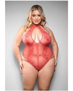 Temptress Calliope Striped Sheer Floral Lace Zippered Teddy - Coral