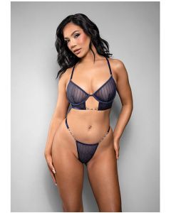 Temptress Celeste Sheer Striped Rhinestone Mesh Bra w/G-String 2 pc Set - Navy L/XL