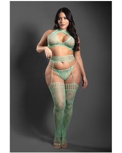 Sheer Heart Of Glass Lace Knit Halter Top w/G-String & Gartered Stockings 3 pc Set - Mint QN