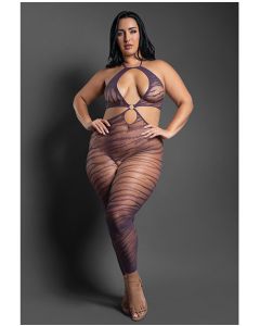 Sheer Set Me Free Mesh Body Stocking w/Zebra Pattern & Open Crotch - Purple QN