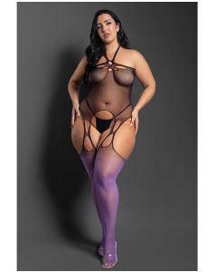 Sheer No Comparison Body Stocking w/G-String 2 pc Set - Black/Purple QN