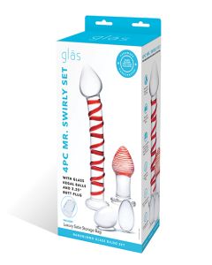 Glas 4 pc Mr. Swirly Set w/Glass Kegel Balls & 3.25" Butt Plug - Red
