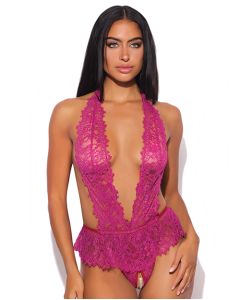 Jocelyn Lace Halter Teddy w/Open Crotch - Raspberry