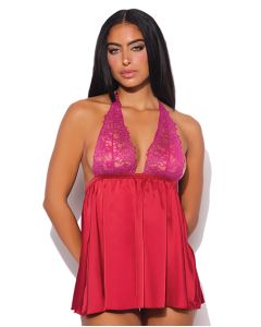 Jocelyn Lace & Satin Halter Mini Babydoll Dress w/Thong - Raspberry