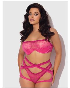 Yvone Lace Bra w/Removable Straps, Garter & Tanga Panty 3 pc Set - Pink
