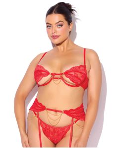 Cecily Lace Cut-Out Bra & Thong w/Garter Straps - Red