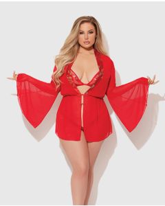 Dragon Sheer Mesh Robe w/Satin Triangle Top & G-String 3 pc Set - Red