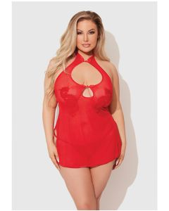 Dragon Mesh & Applique Chemise w/G-String 2 pc Set - Red
