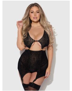 Snake Velvet-Burnout Mesh Chemise & G-String Set - Black