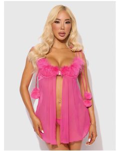 Marilyn Marabou & Mesh Babydoll & G-String Set - Pink