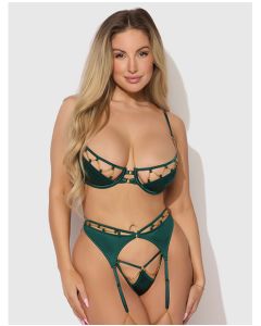 Evangeline Satin & Chain Push Up Bra, Thigh Garter Belt & G-String Set - Green