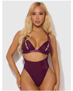 Yasmine Shimmer Mesh Slit Cup, Backless Teddy & Bralette Set - Burgundy