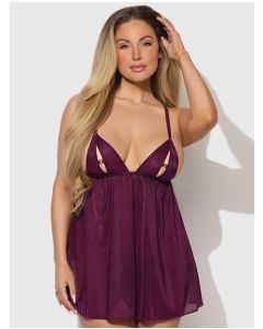 Yasmine Shimmer Mesh O-Ring Slit Cup Babydoll & G-String Set - Burgundy