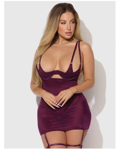 Yasmine Shimmer Mesh O-Ring Thigh Garter Chemise & G-String Set - Burgundy