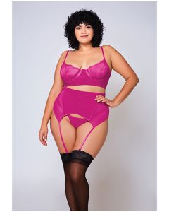 Soft Lace Bra, High Waist Satin & Mesh Garterbelt & G-String Fuchsia