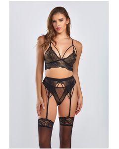 Everly Dot Mesh & Galloon Lace Strappy Bra, Garterbelt & Hipster Panty Black