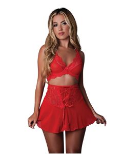 Sugar High Bralette w/Cincher Skirt & Thong 3 pc Set - Red