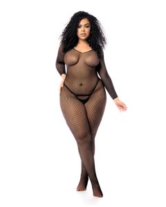 Long Sleeved All Over Fishnet Body Stocking Black QN