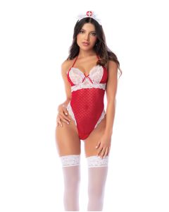 Sheer Halter Nurse Teddy w/Lace Trim & Headpiece - Red/White
