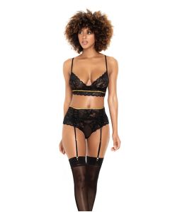 Lace Underwire Bra, Thong & Garterbelt w/Lace Up Detail Black