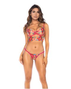 Seductive Garden Floral Mesh Bralette w/G-String 2 pc Set - Multi-Color