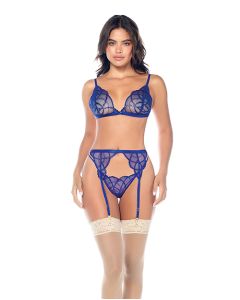 Lace Bralette w/G-String & Garter 3 pc Set - Sapphire Blue