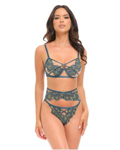 Daphne Lace Underwire 3 pc Set w/Embroidered Trim & Crossing Elastics - Blue LG