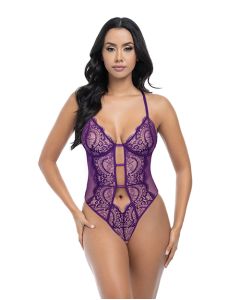 Carmen Lace & Mesh Underwire Crotchless Teddy - Imperial Purple L/XL