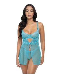 Emma Floral Lace & Mesh Underwire Babydoll w/G-String 2 pc Set - Beach Blue LG