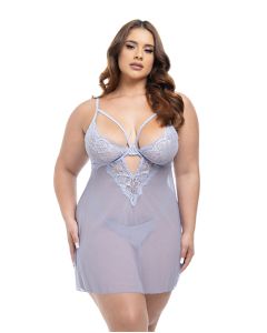 Elsie Lace & Mesh Underwire Babydoll w/G-String 2 pc Set - Brunnera Blue
