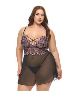 Adela Embroidered Boned Lace and Mesh Babydoll w/G-String 2 pc Set - Black/Pink