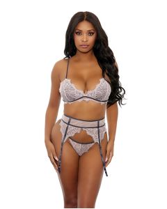 Floral Lace Bra, Cage Garter Belt & G-String Dusty Pink LG