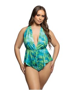 Tropical Dream Romper w/Jungle Print, Flared Leg Opening, & Cheeky Back - Green/Blue