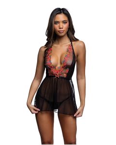 Midnight Rose Multicolor Floral Embroidered Lace Baby Doll - Black/Hot Pink