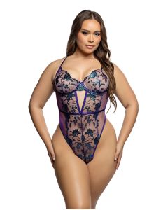 Electric Shimmer Metallic Two-Tone Floral Embroidered Lace & Satin Teddy - Violet